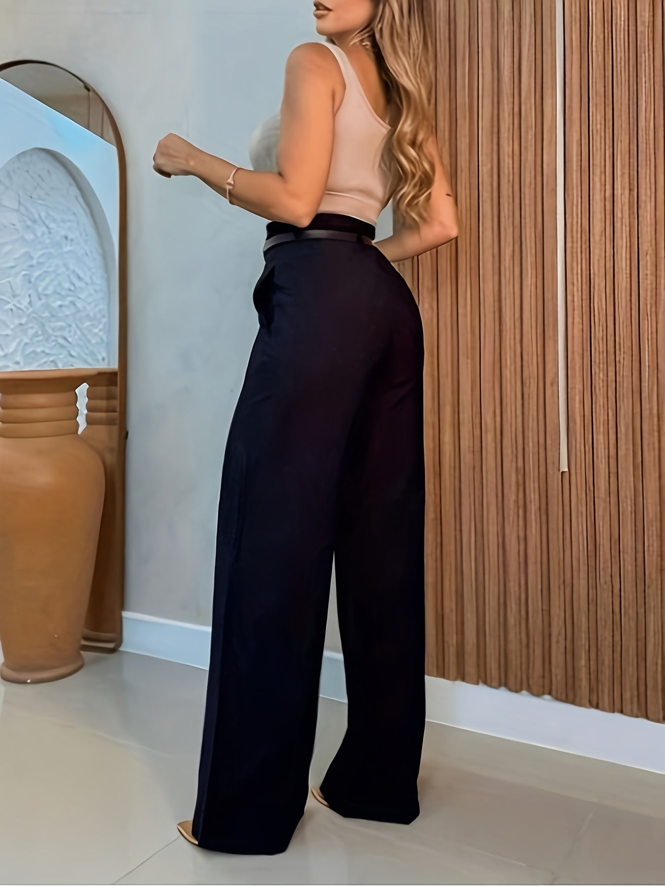 Women's Elegant Black Straight-Leg Pants with Golden Belt & Ruffle Detail - High-Waisted, Machine Washable, Polyester Blend for Spring/Fall, Formal Attire Pants | Waisted Belt Pants | Woven Fabric